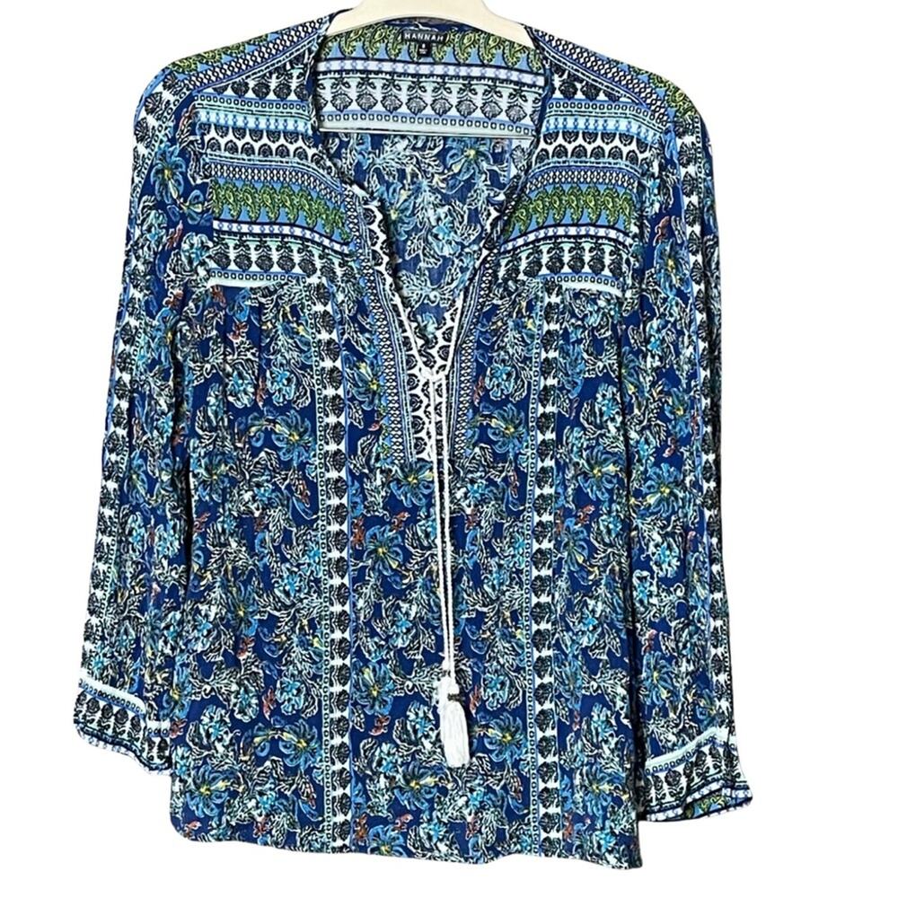 Hannah shirt blue green bohemian lightweight colorful tassel flowy size small